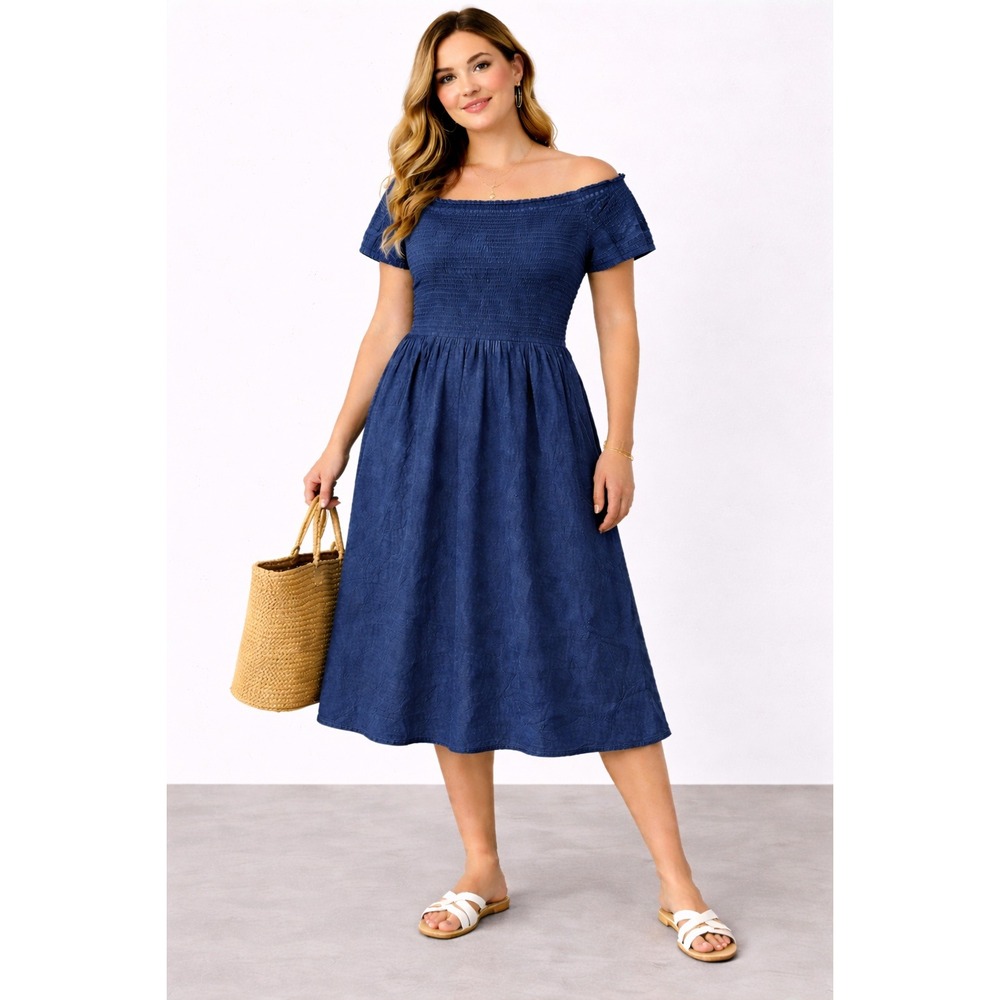 Old Navy XL Blue Smocked Midi Dress Lyocell Denim Look Off Shoulder Boho Casual